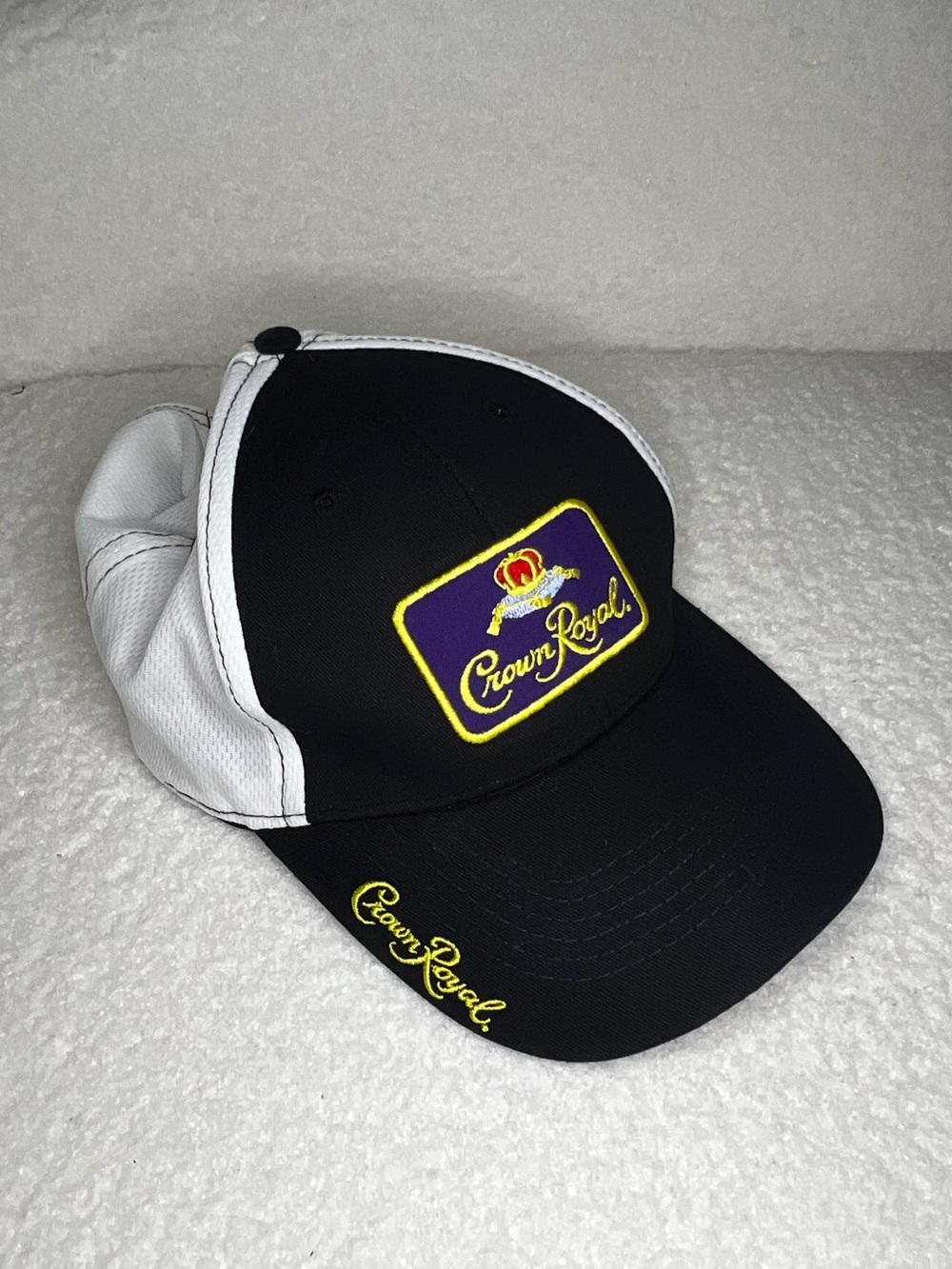 Black & White Mesh Trucker Hat with Crown Royal Patch and Embroidered Name